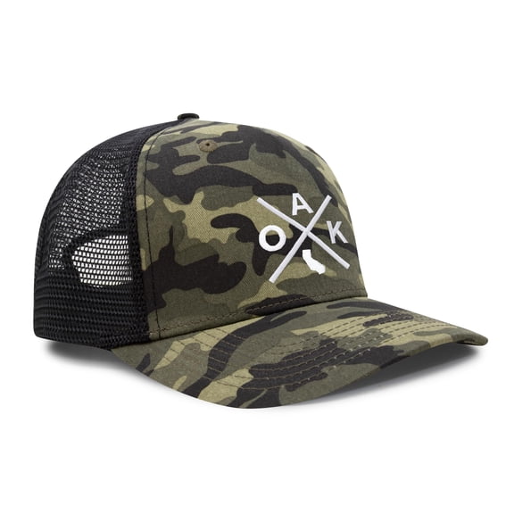 International Tie Hat for Men and Women, Adjustable Snapback Trucker Baseball Cap, Embroidered Cross Logo (OAK - Oakland, Camouflage)