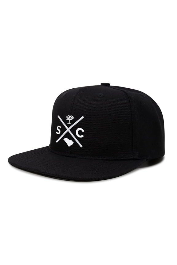 Hat for Men and Women, Adjustable Snapback Trucker Baseball Cap, Embroidered Cross Logo (SC - South Carolina, Black Flatbill)