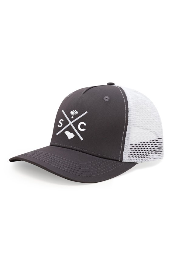 Hat for Men and Women, Adjustable Snapback Trucker Baseball Cap, Embroidered Cross Logo (SC - South Carolina, Grey White)