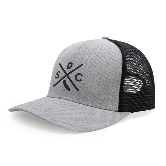 International Tie Hat for Men and Women, Adjustable Snapback Trucker Baseball Cap, Embroidered Cross Logo (SDC - San Diego, Grey Black)
