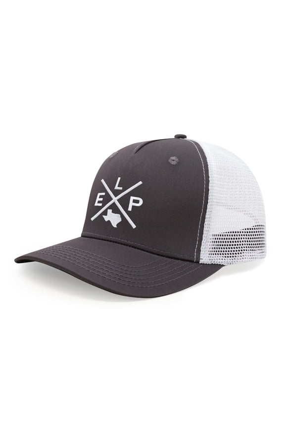 Hat for Men and Women, ELP Snapback Trucker Baseball Cap, Embroidered Cross Logo (ELP - El Paso, Grey White)