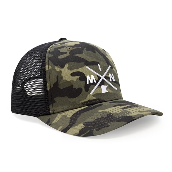 International Tie Hat for Men and Women, MIN Snapback Trucker Baseball Cap, Embroidered Cross Logo (MIN - Minnesota, Camouflage)