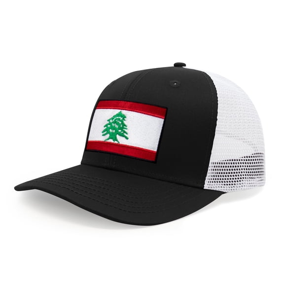 International Tie Lebanon Flag Hat for Men and Women - Adjustable Snapback Trucker Baseball Cap (Black White)