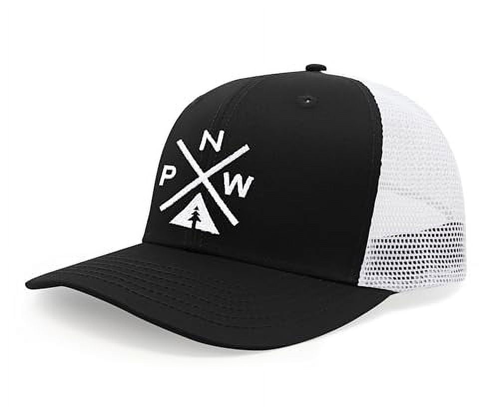 PNW Fitted Flexfit Hat - Pacific Northwest Woven Patch, Grey/Black Mesh Trucker Cap, One Size Adjustable