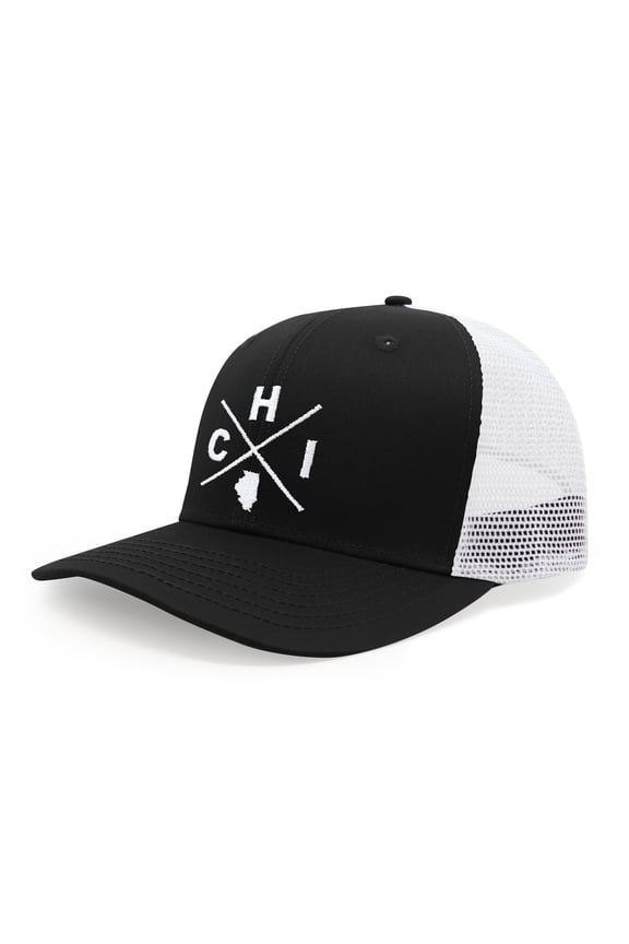 Premium Chicago CHI Flag Hat Men and Women – Snapback Trucker Baseball Cap (Black/White)