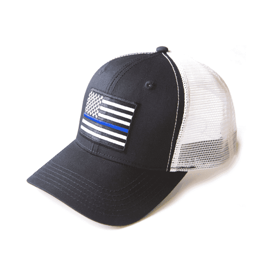 Thin Blue Line Flag Hat for Men and Women – Snapback Trucker Baseball Cap by International Tie (Black/White)