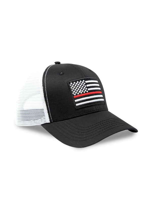 Thin Red Line Flag Hat for Men and Women – Snapback Trucker Baseball Cap by International Tie (Black/White)
