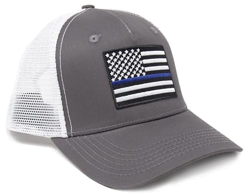 Thin Blue Line Grey Baseball Hat - Adjustable Snapback Trucker Cap With Embroidered Flag Patch