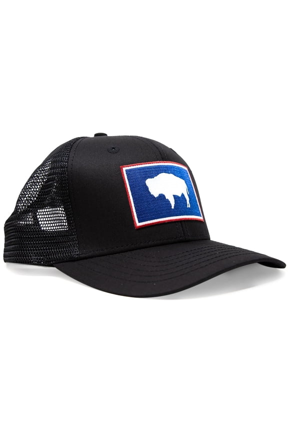 Premium Wyoming Flag Hat Men and Women Snapback Trucker Baseball Cap by International Tie (All Black)