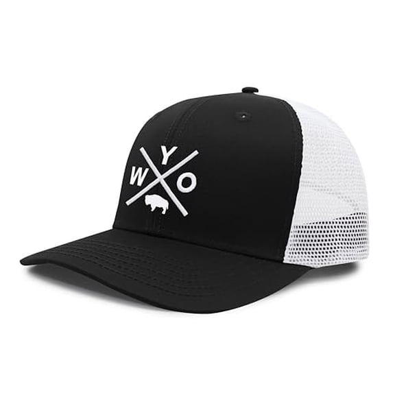 International Tie Wyoming WYO Hat for Men and Women – Snapback Trucker Baseball Cap (Black/White)