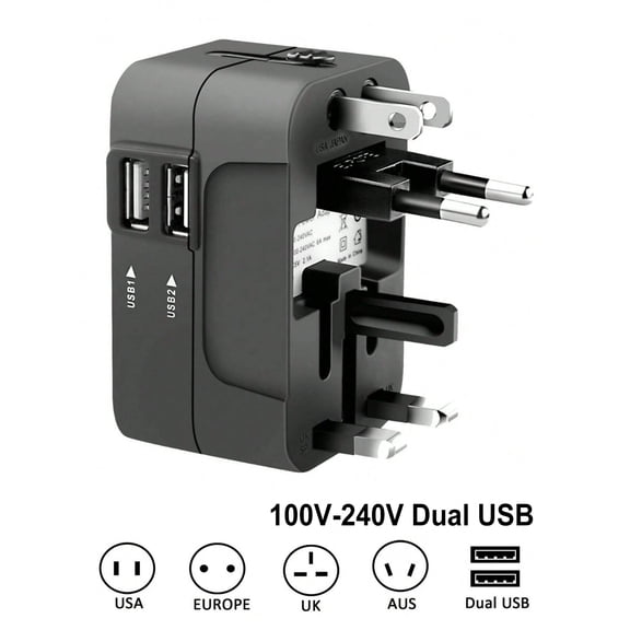 International Travel Adapter, All-in-One Universal Plug Adapter for Europe, UK, US, AU, Worldwide Power Plug with Dual USB Ports & AC Outlet, 100-240V for Travel Essentials