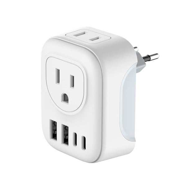 International Travel Plug Power Adapter, 6-in-1 with 2 American Outlets, 2 USB-C & 2 USB-A Ports, Type C Charger for The US to Europe Iceland Spain Italy France Germany & more
