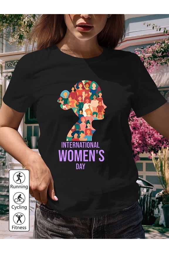 International Women's Day Empowerment Graphic T-Shirt - Colorful Female Silhouette Design - Inspirational Feminist Short Sleeve Top for Women - Casual Fitness Running Apparel