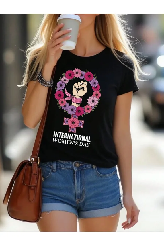 International Women's Day Empowerment Graphic T-Shirt, Floral Venus Symbol Feminist Tee for Women, Black