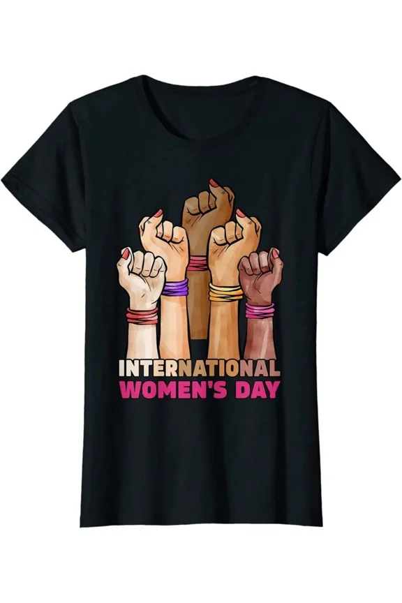 International Women's Day Empowerment T-Shirt Diverse Unity Fists Graphic Tee for Women
