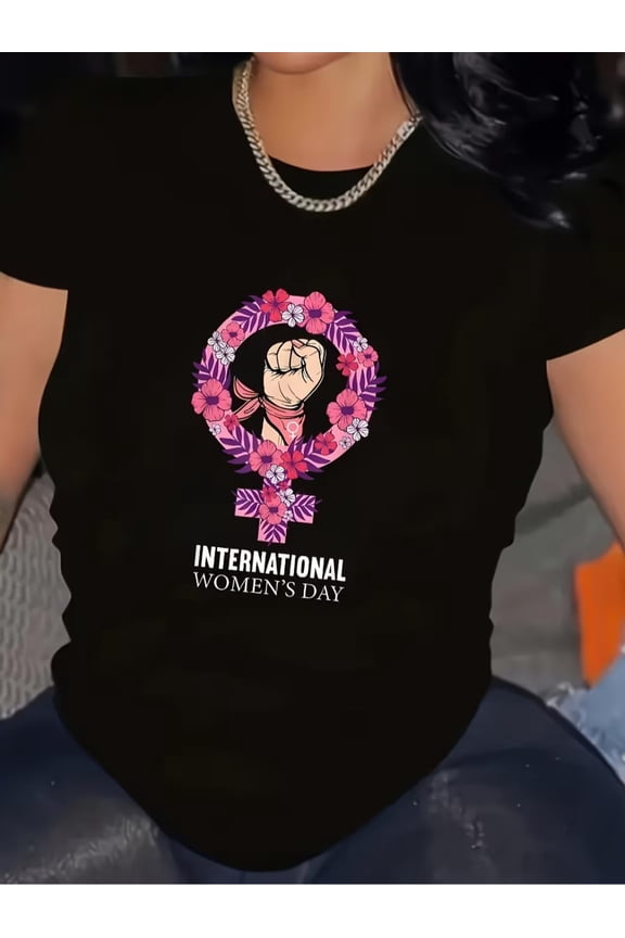 International Women's Day Empowerment T-Shirt Floral Venus Symbol Raised Fist Graphic Tee Retro Feminist Apparel for Women