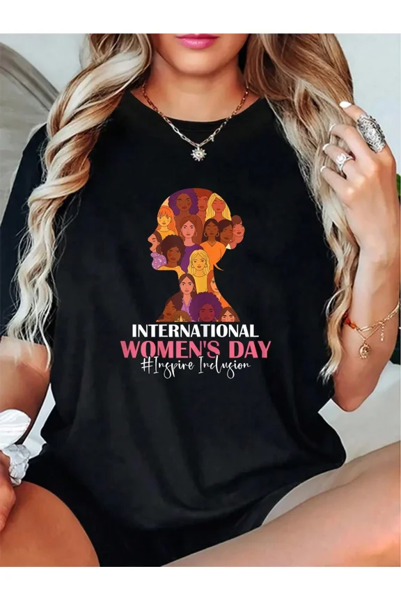 International Women's Day Graphic T-Shirt for Women, Inspire Inclusion Empowerment Short Sleeve Tee
