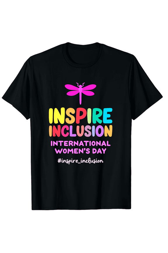International Women's Day Inspire Inclusion Dragonfly Graphic T-Shirt - Empowerment Feminist Adult Short Sleeve Tee - Colorful Retro Style Apparel