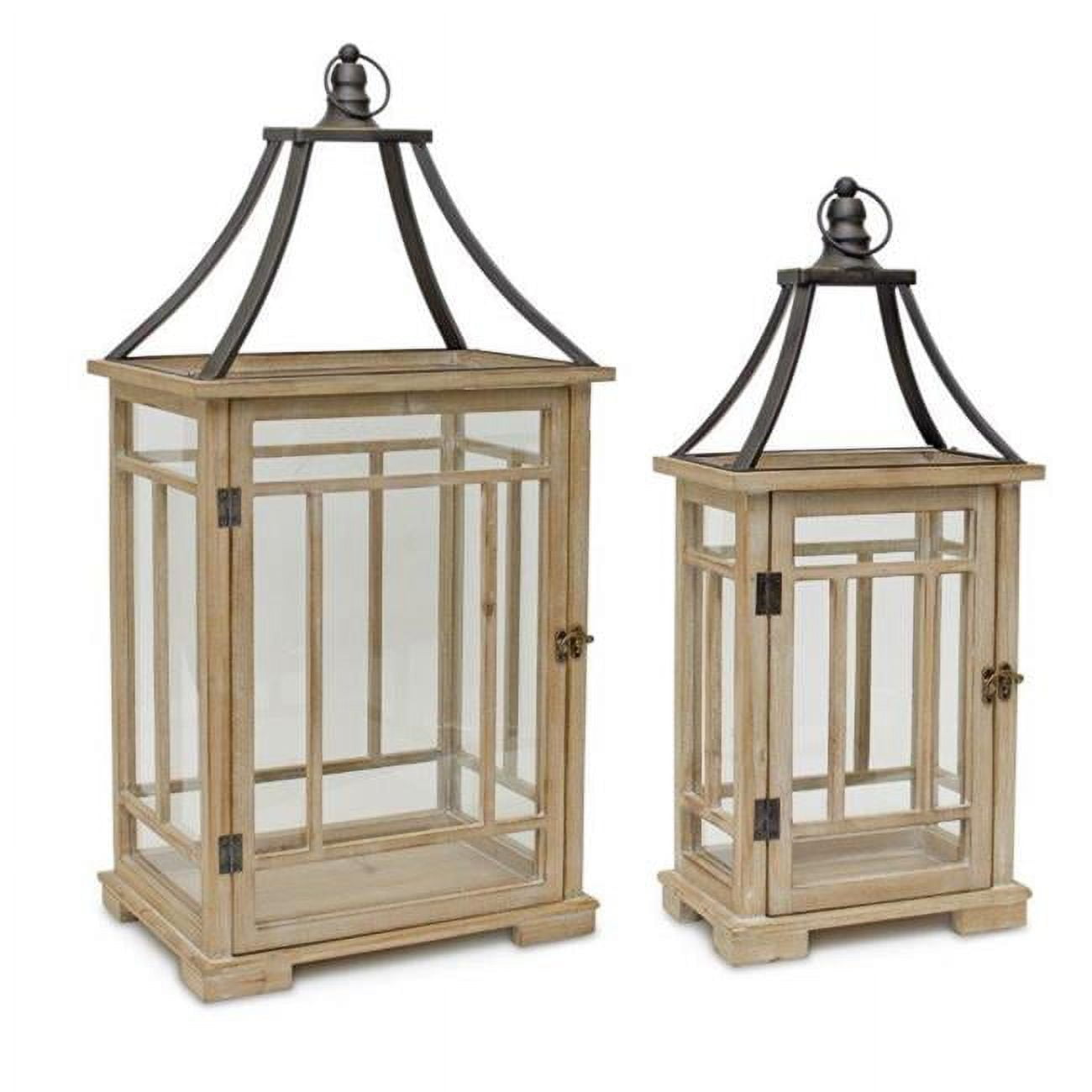 Rustic Wood and Metal Hanging Candle Lanterns, Set of 2