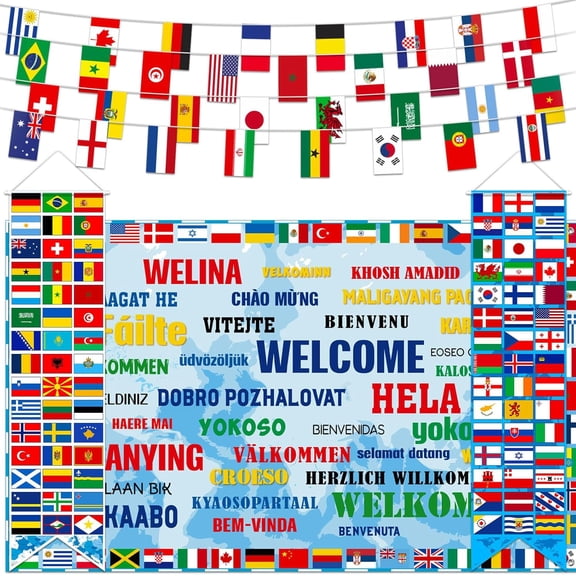 International World Flags Decoration Set, 4-Piece Welcome Banner Porch String Flag Bunting for Classroom, Sports Club, Soccer Bar and Party Decor, Multicolor