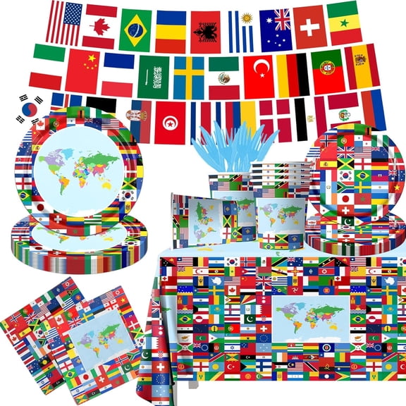 International World Flags Tableware Set, 142Pcs Decorations Plates and Napkins, Cups,Banner,Flags Tablecloth for Travel Trip Around the Globe Retirement Party