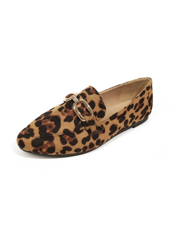 Women's Leopard Print Loafers, Gold-Tone Chain Slip-On Moc Toe Flat Shoes