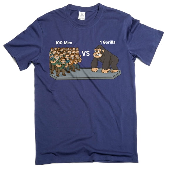 Internet Meme funny Gorilla vs Men challenge tee shirt 100 Human vs 1 gorilla money tee (Large Navy Blue)