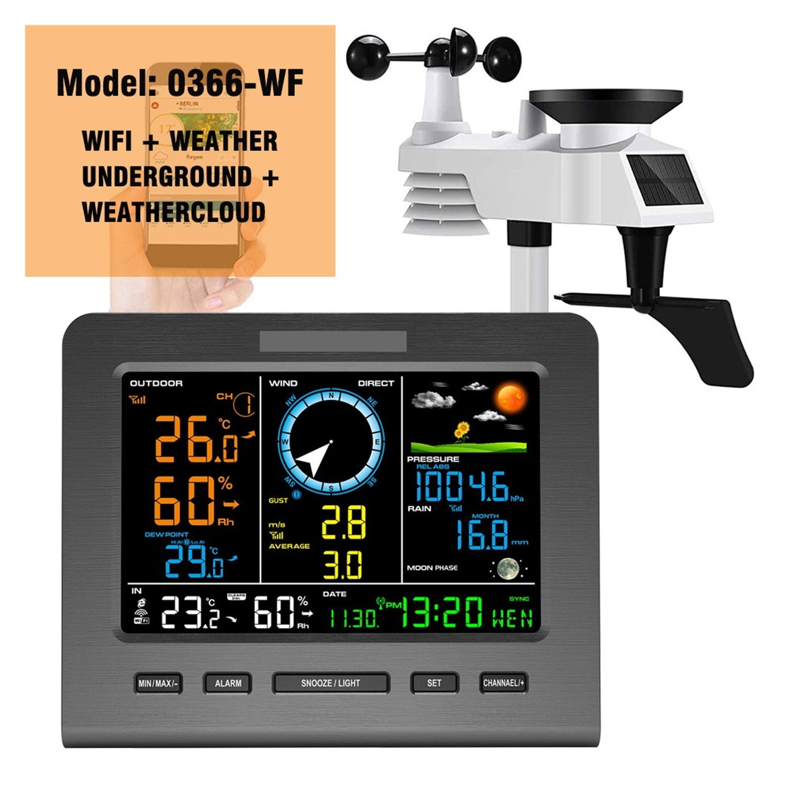 Internet Wireless Weather Station Weather Forecast Temperature Pressure Humidity Wind Gauge Rain Gauge Moon Phrase Alarm Clock ,Easy to Install