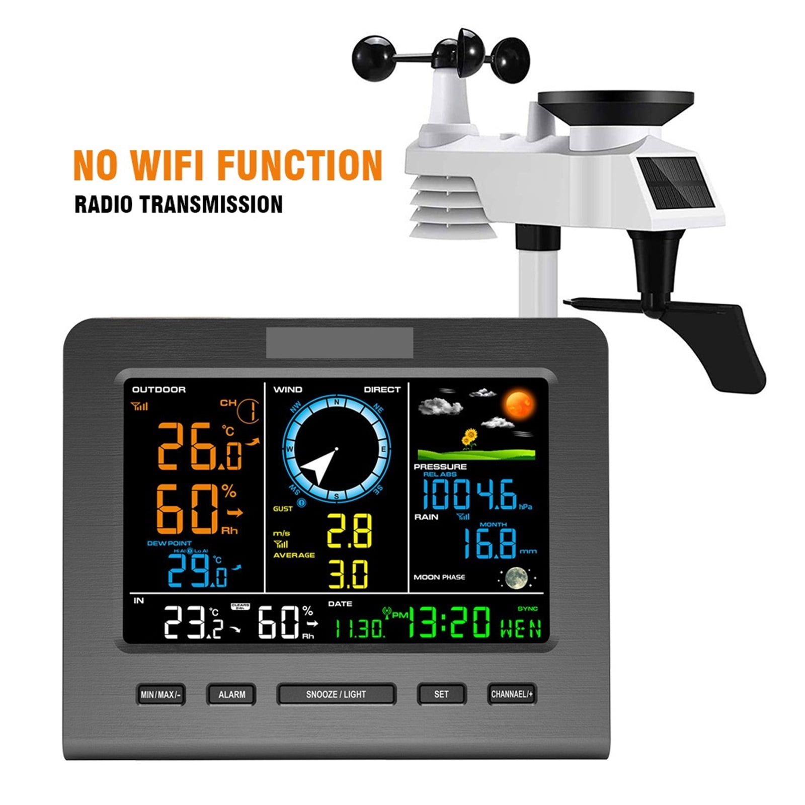 Internet Wireless Weather Station Weather Forecast Temperature Pressure Humidity Wind Gauge Rain Gauge Moon Phrase Alarm Clock ,Easy to Install