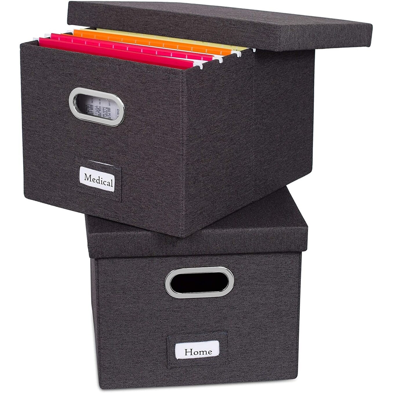 Charcoal Linen Collapsible File Storage Organizer with Lid - 2 Pack