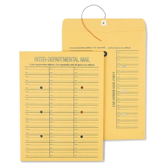 Interoffice Envelopes 10x13, Button & String Closure, Brown Mail Envelopes 100 Pack, Reusable Office Envelopes for Document Mailing, Business & School Use