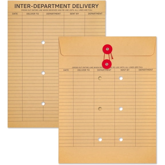 Interoffice Envelopes with String, 10" x 13" (Pack of 100) | String Tie Interdepartmental Envelopes, Sturdy 100gsm Paper