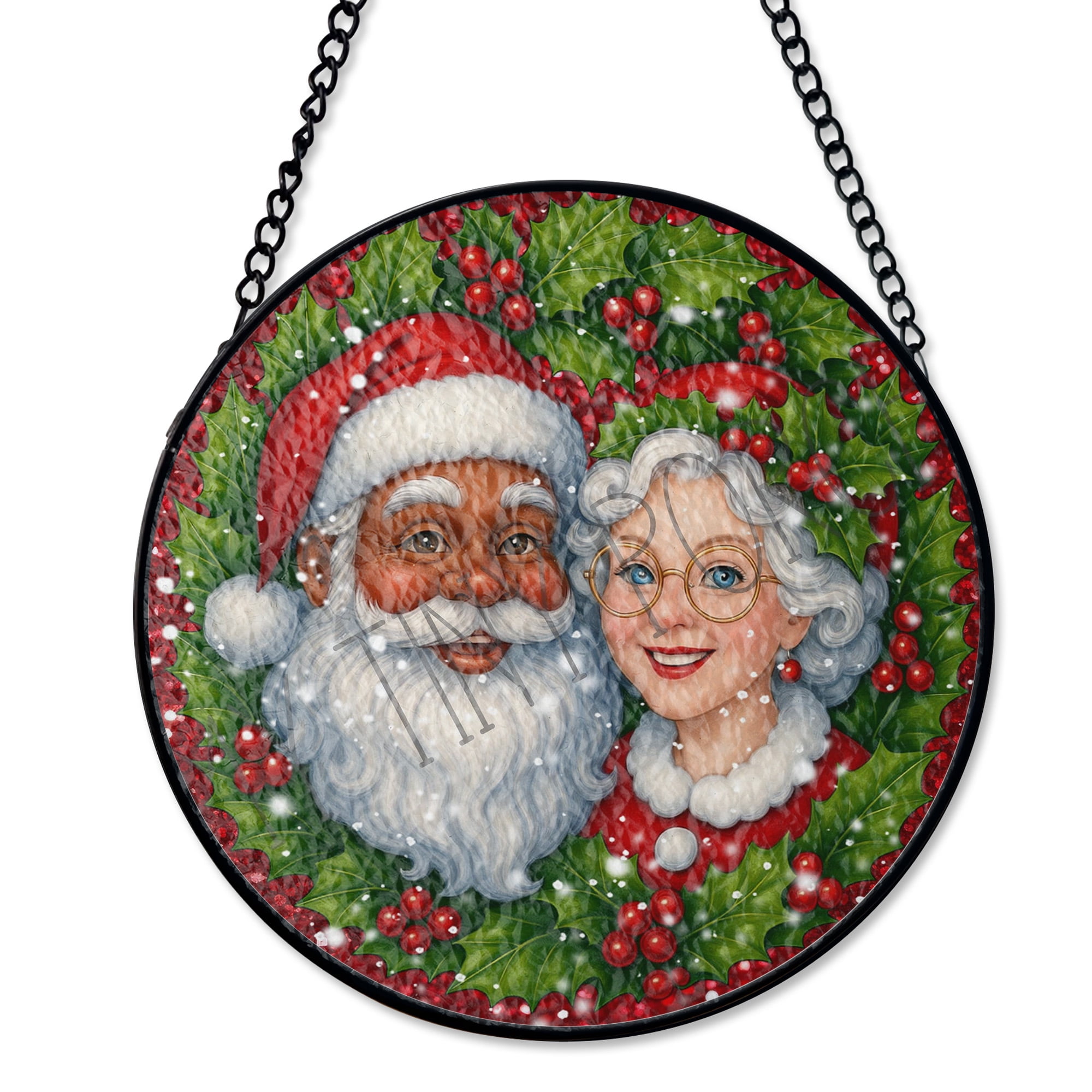 Interracial Santa Couple Wreath Suncatcher Stained Glass Style, UV ...
