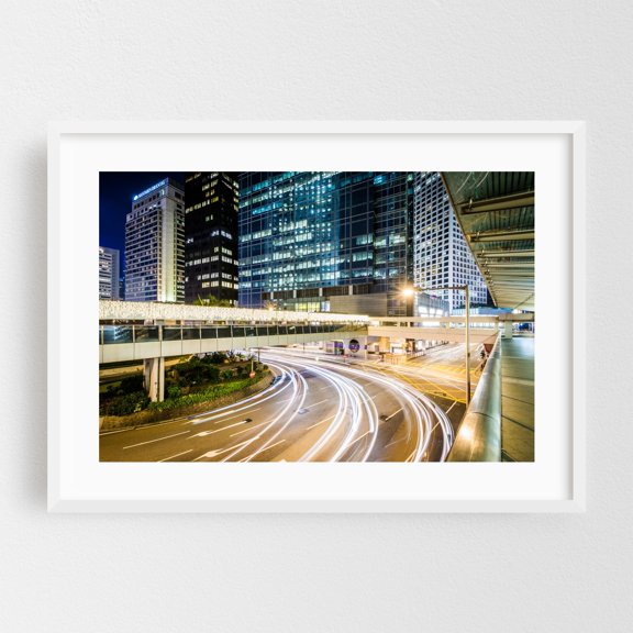 Intersect Hong Kong - Hong Kong Photography City Nightlife Bridge Architecture Skyline Street Photography Modern Art White Framed Wall Art Print 5 x 7 inches
