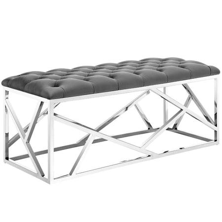 Modway Intersperse Tufted Velvet Polyester Bench in Silver and Gray