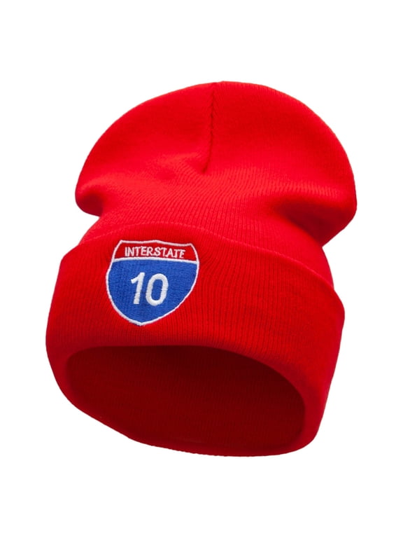 Interstate 10 Sign Embroidered 12 Inch Long Knitted Beanie - Red OSFM