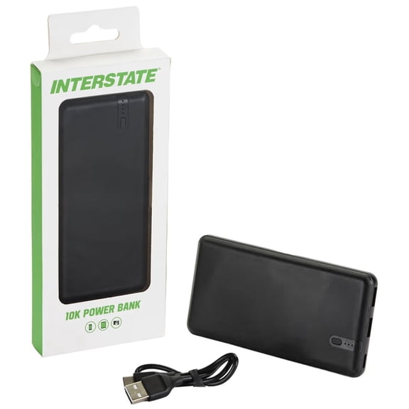 Interstate Batteries 10K Power Bank, 10,000mAh Battery Pack, Compact Travel-Ready Portable Charger, 5V, 10Ah High-Speed Charging for Cell Phones, Electronics, Emergencies (LED, USB Input and Output)