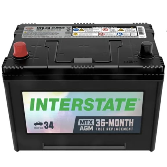 Interstate MTX Series Automotive Battery, Group Size 34, 12 Volt, 740 CCA, Absorbed Glass Mat, Model# MTX-34