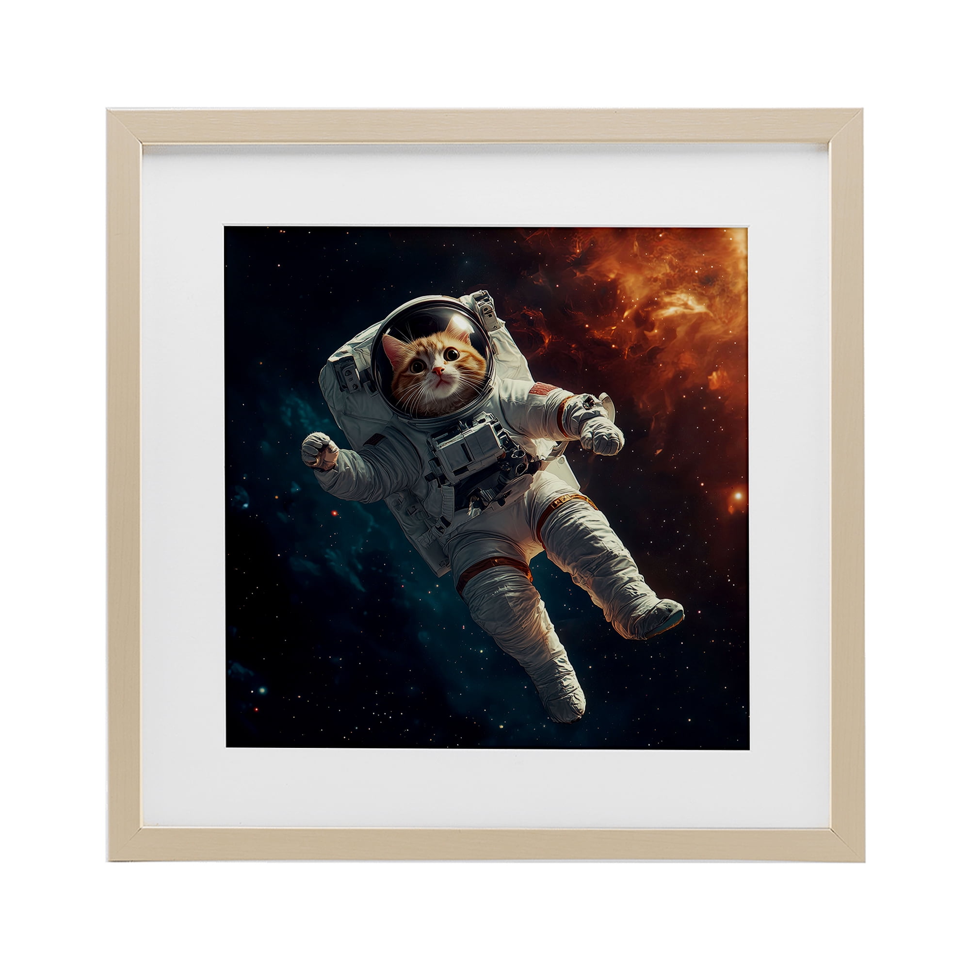 Interstellar Cat Astronaut Birch Framed Print Under Glass, design by Jim Baldwin