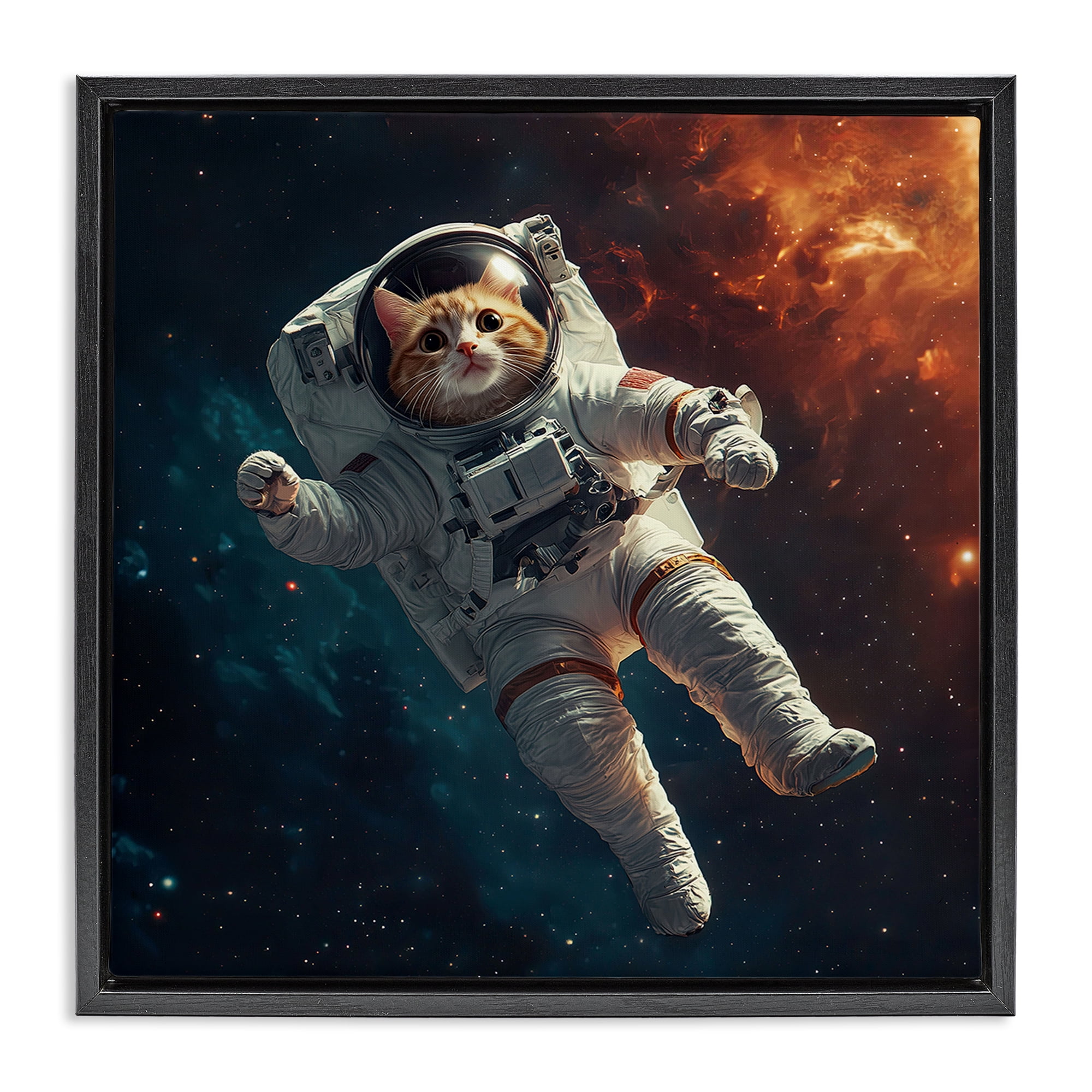 Interstellar Cat Astronaut Black Framed Floater Canvas Wall Art, design by Jim Baldwin