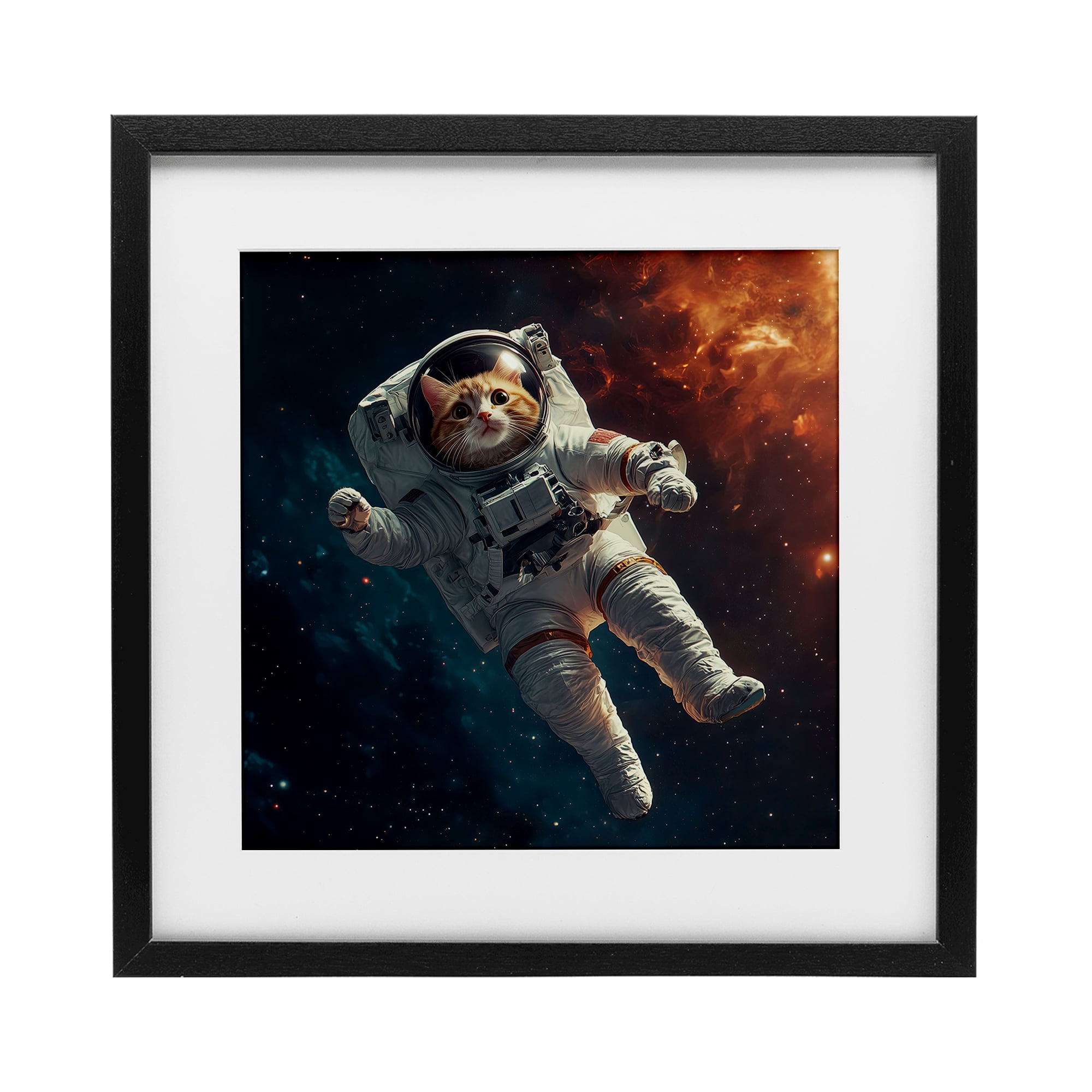 Interstellar Cat Astronaut Black Framed Print Under Glass, design by Jim Baldwin