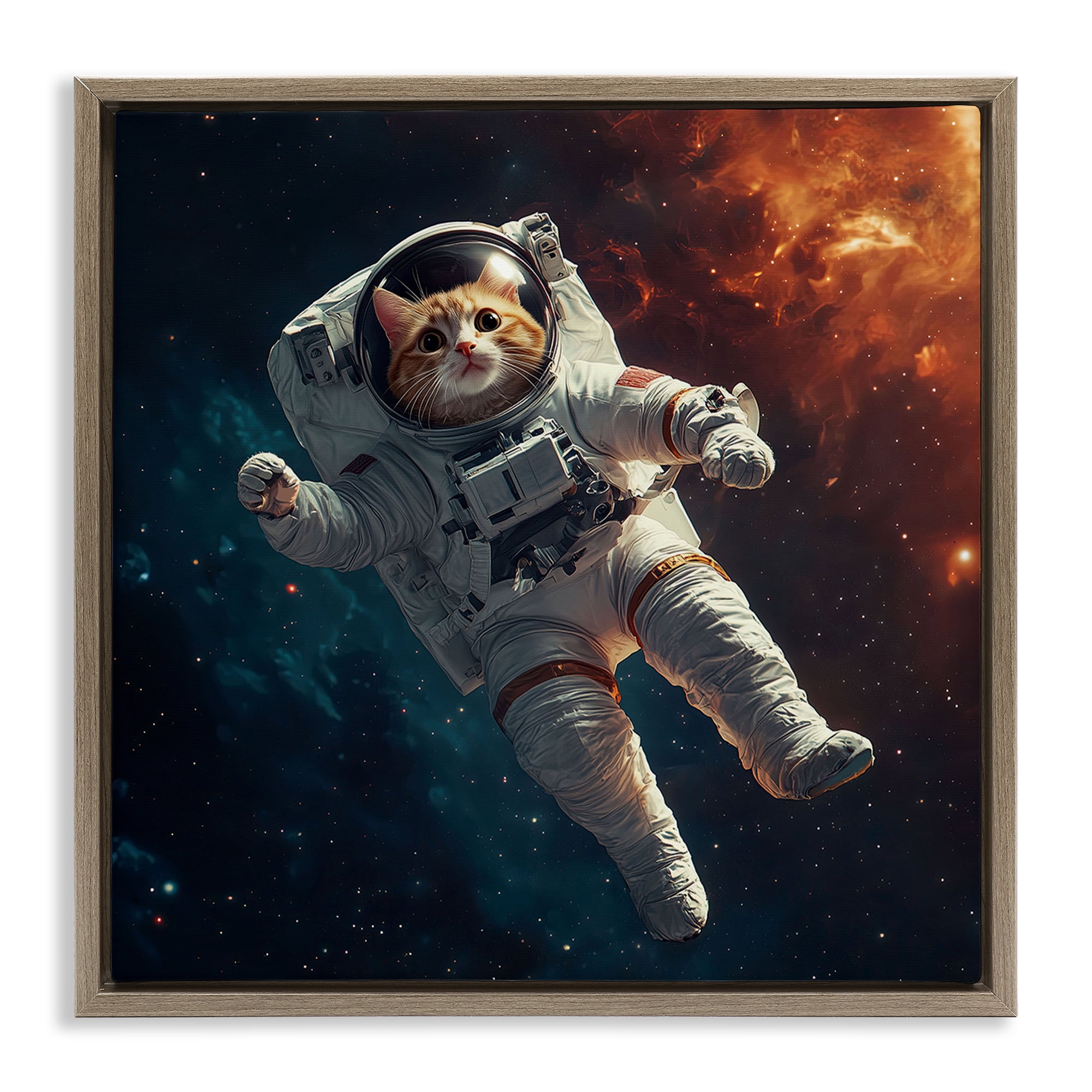 Interstellar Cat Astronaut Brown Framed Floater Canvas Wall Art, design by Jim Baldwin