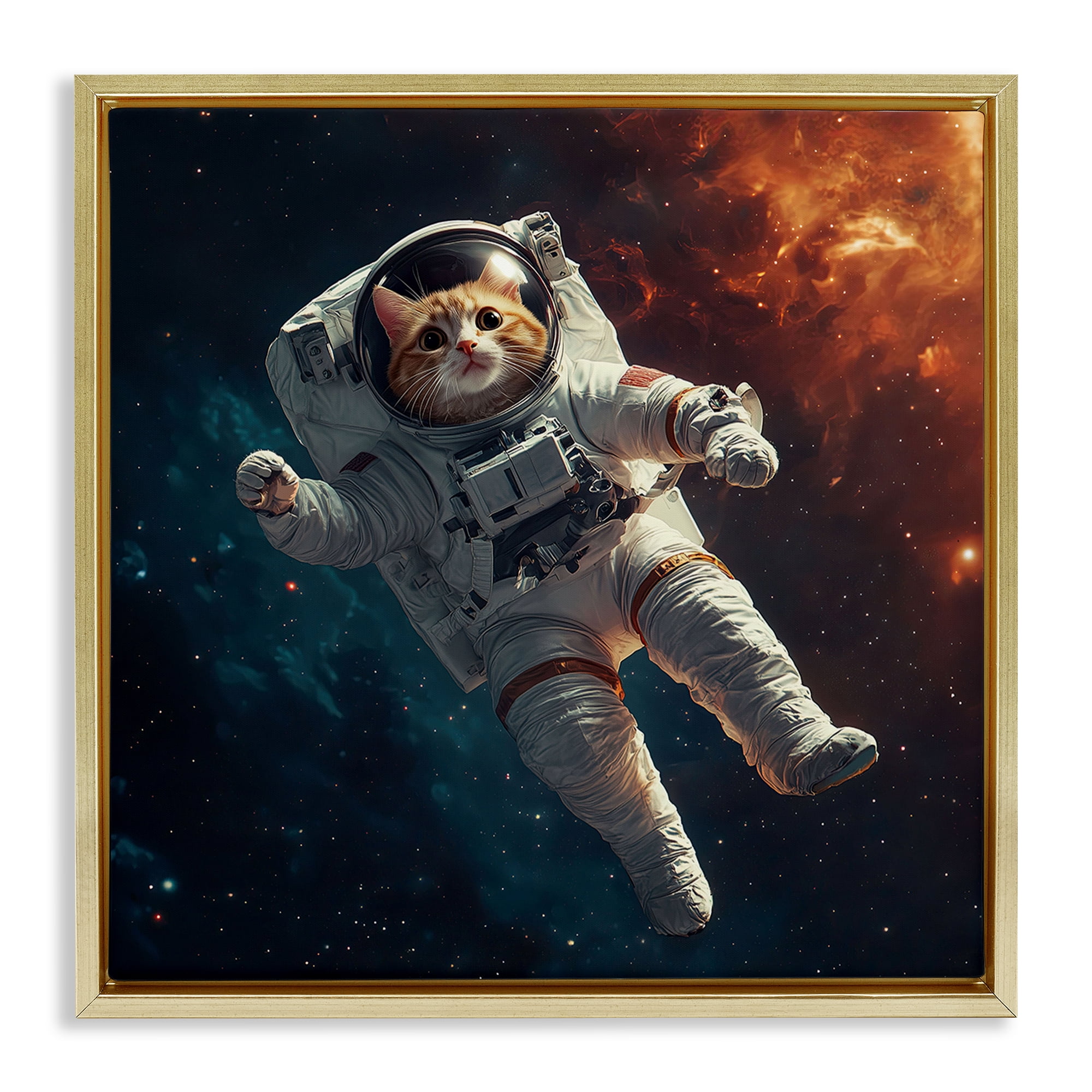 Interstellar Cat Astronaut Gold Framed Floater Canvas Wall Art, design by Jim Baldwin