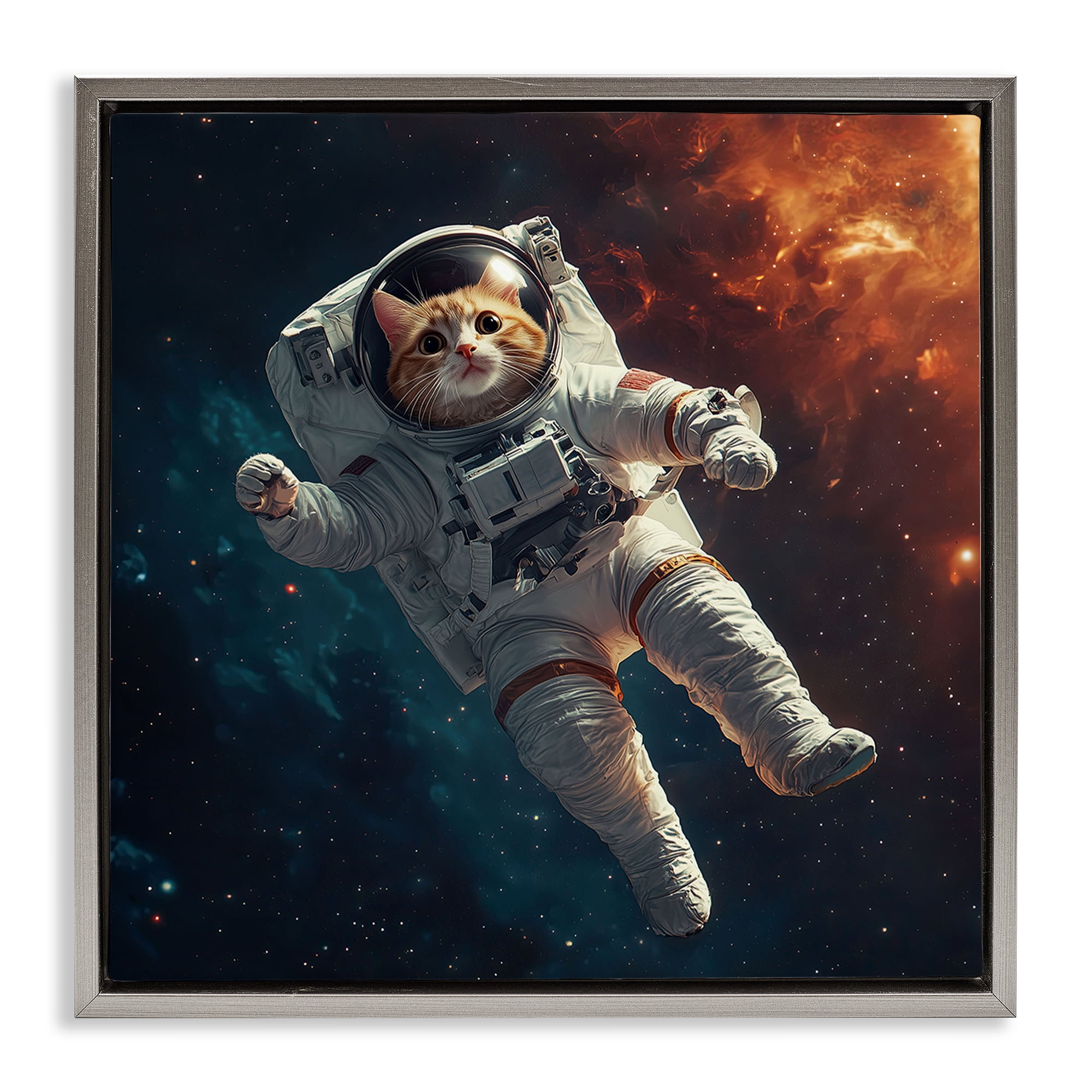 Interstellar Cat Astronaut Gray Framed Floater Canvas Wall Art, design by Jim Baldwin