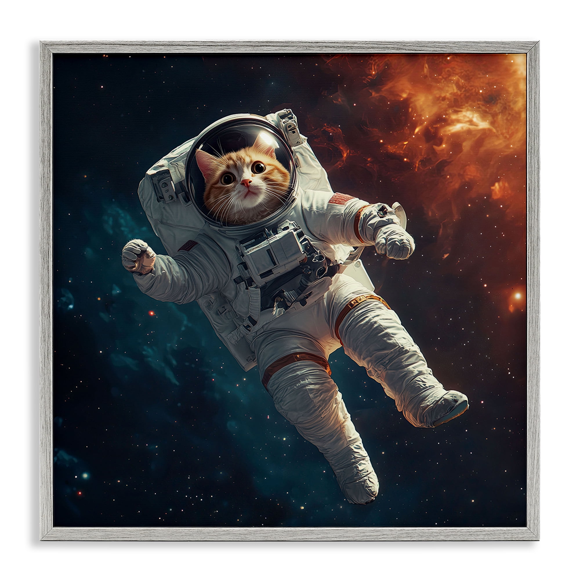 Interstellar Cat Astronaut Gray Framed Giclee Art, design by Jim Baldwin