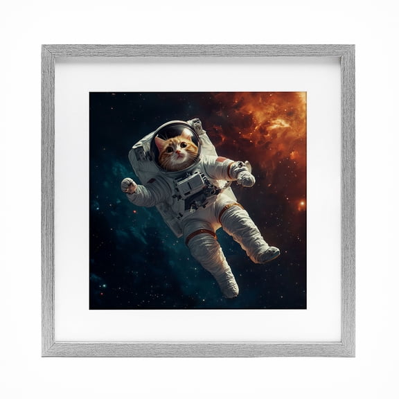 Interstellar Cat Astronaut Gray Framed Print Under Glass, design by Jim Baldwin