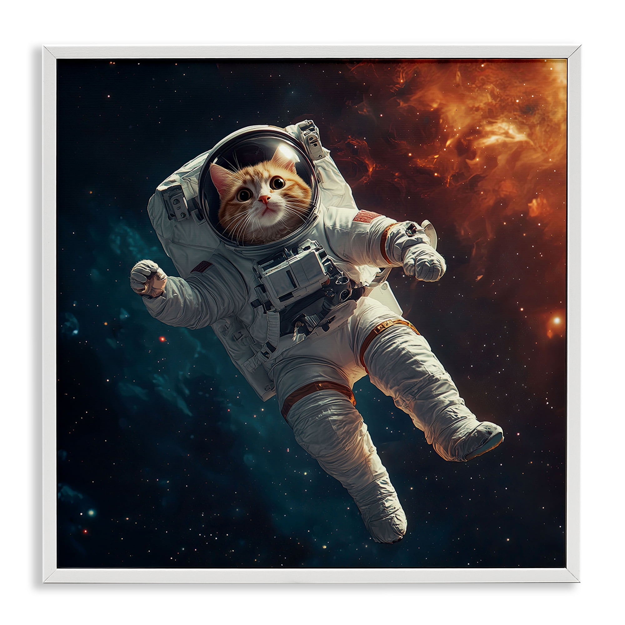 Interstellar Cat Astronaut White Framed Giclee Art, design by Jim Baldwin