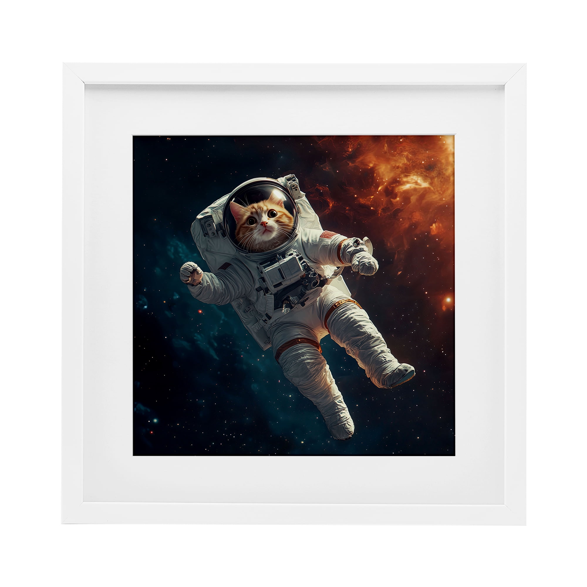 Interstellar Cat Astronaut White Framed Print Under Glass, design by Jim Baldwin
