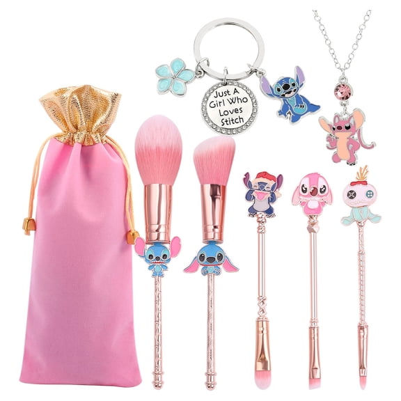 Interstellar Makeup Brushes Necklace Keychain Set - 7pcs Stitch Theme Cosmetic Brushes and Ohana Jewelry Set Gifts for Stitch Lover Fans Girls and Women