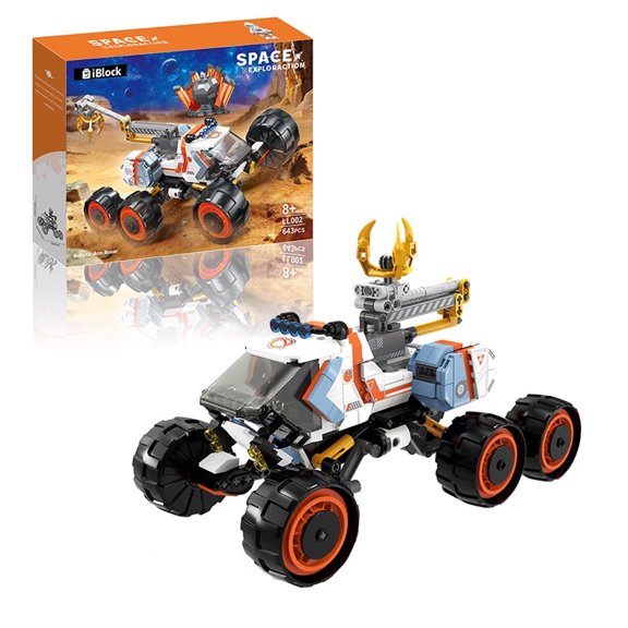Space Mining Rover Building Blocks, 6-Wheel Off-Road Exploration Vehicle with Independent Suspension & Movable Robotic Arm, Sci-Fi Collectible Model, Desktop Ornament, Ideal Birthday Holiday Gift for